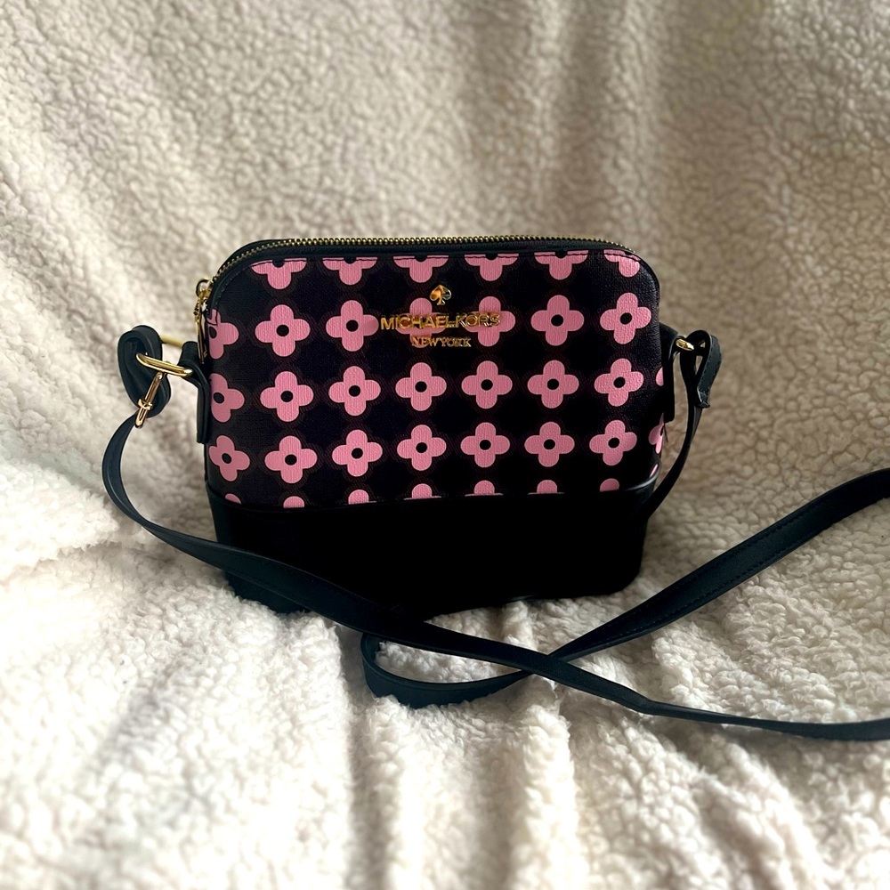 Black and pink flower crossbody